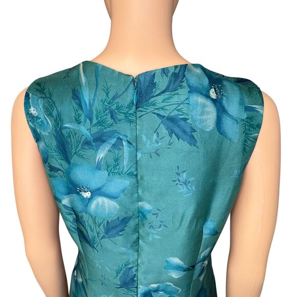 Vintage 90s Liz Claiborne 100% Silk Chiffon Dress Sz 6P Teal Floral Embellished - Picture 14 of 16
